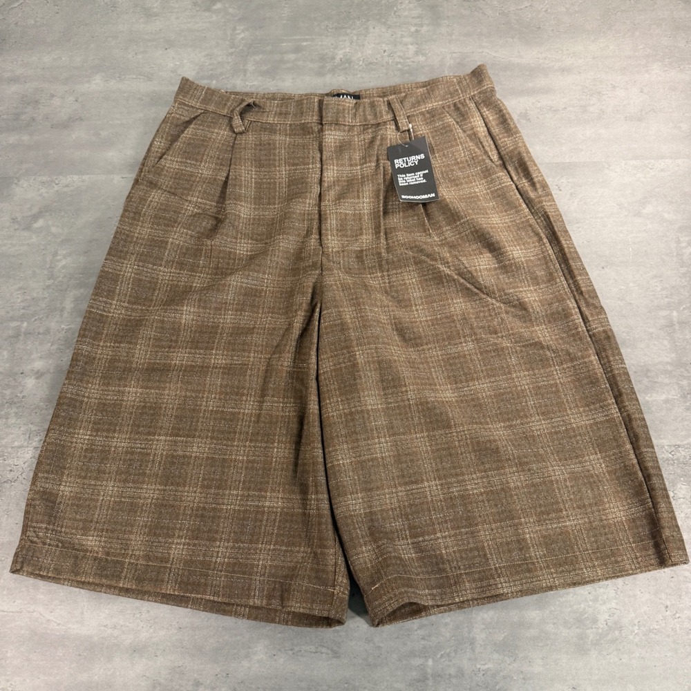 boohooMAN Jorts Mens 36x13 Brown Tall Check Pleat Front Wide Longline Shorts NWT
